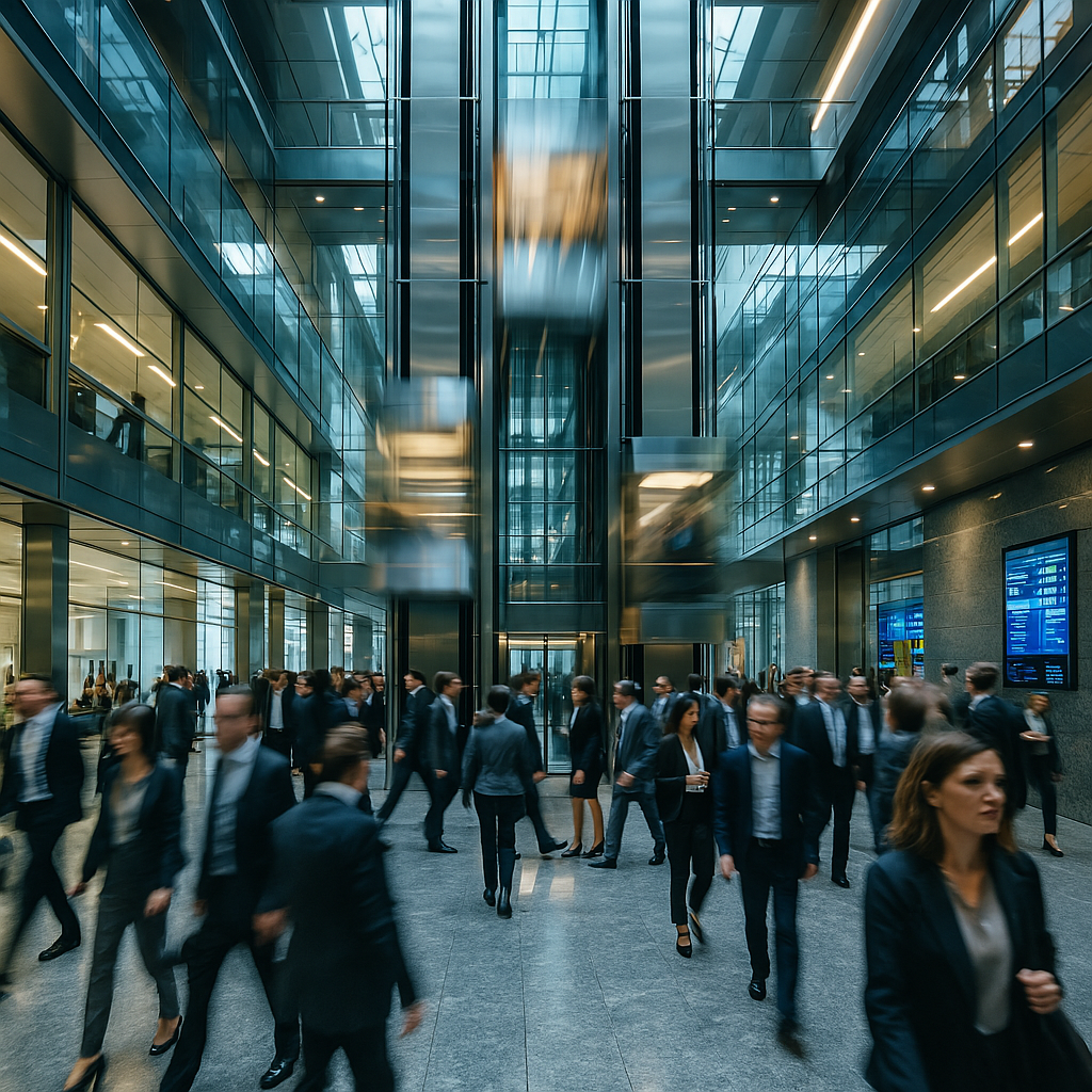 A bustling, modern building interior during peak hours, with glass walls, sleek elevator shafts, and crowds of people moving through the lobby. Multiple high-speed elevators blur as they move rapidly between floors, with motion streaks suggesting their velocity. The scene is illuminated by natural light streaming from skylights, combined with ambient reflections from polished metal and marble surfaces. Lively atmosphere with businesspeople, digital screens, and smart building technology visible throughout.