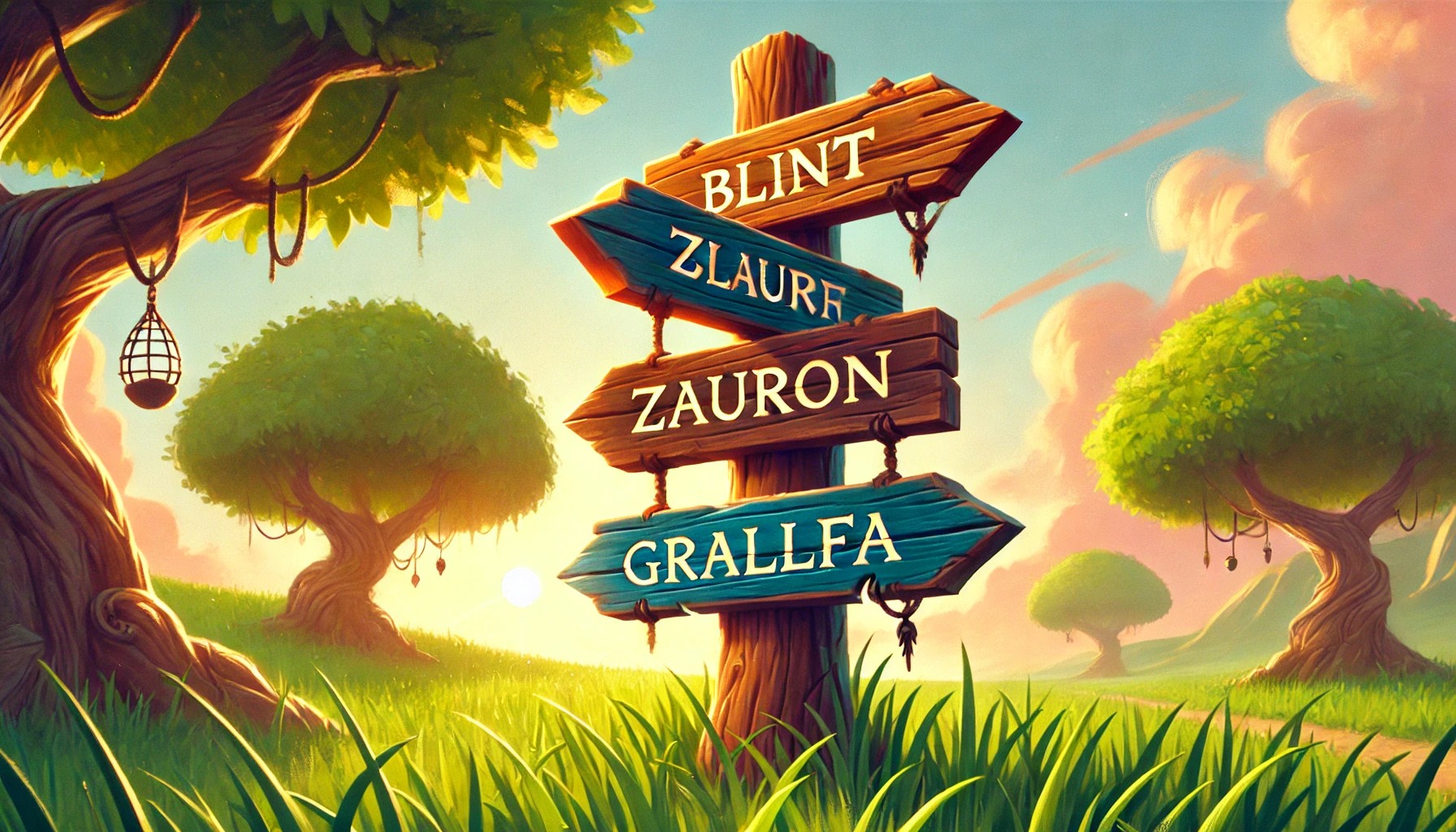 What ChatGPT gave me when I asked for 'A wooden fantasy-style signpost standing in a lush, grassy field at sunrise. Each arm of the signpost shows a whimsical, made-up name, like 'Blint''